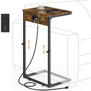 C Shaped End Table with Charging Station, Adjustable Height Side Table for Couch, Small Side Table, 33.2'' Tall Couch Tables that Slide Under, Tv Tray End Table for Living Room, Rustic Brown, 15.92''L x 11.86''W x 20.35-33.2"H