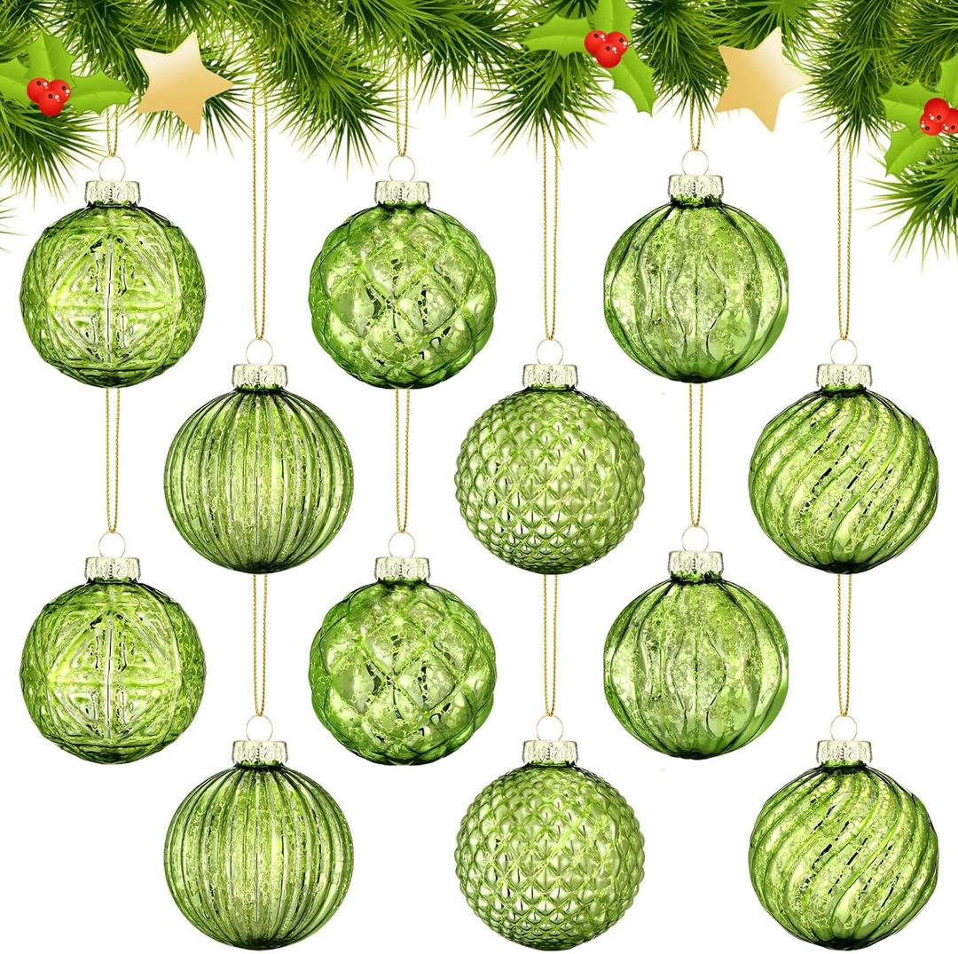 Jenaai 12 Pcs 2.36 Inch Lime Green Glass Christmas Ball Ornaments Vintage Christmas Tree Decorations Mercury Glass Hanging Ornaments for Trees Xmas Holiday Party Garland DIY Craft Supplies, 6 Style