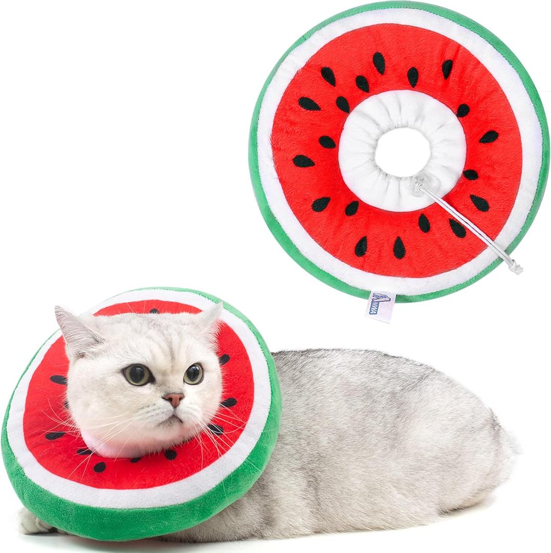 ANWA Adjustable Cat Cone Collar Soft, Cute Cat Donut Collar After Surgery, Kitten Recovery Cones to Stop Licking (Small, Watermelon)