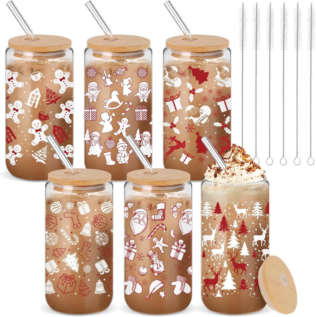 6 Pcs Christmas Glass Cups 16oz Winter Coffee Cup with Lid and Straw Santa Snowflake Tumbler Holiday Mugs Xmas Gift for Women Mom (Red and White Christmas Pattern)