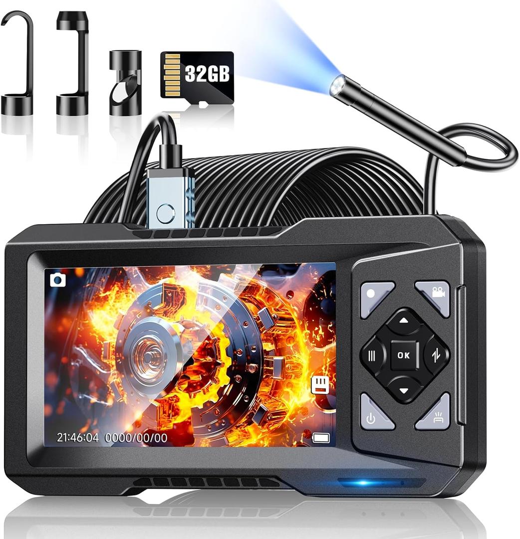Endoscope Camera with Light & 32GB Card, 1080P HD Borescope Inspection Camera 4.3" IPS Screen, 5.5mm IP67 Waterproof Probe with 6 Adjustable LEDs,16.4FT Semi-Rigid Cable, Tools, Gadgets for Men