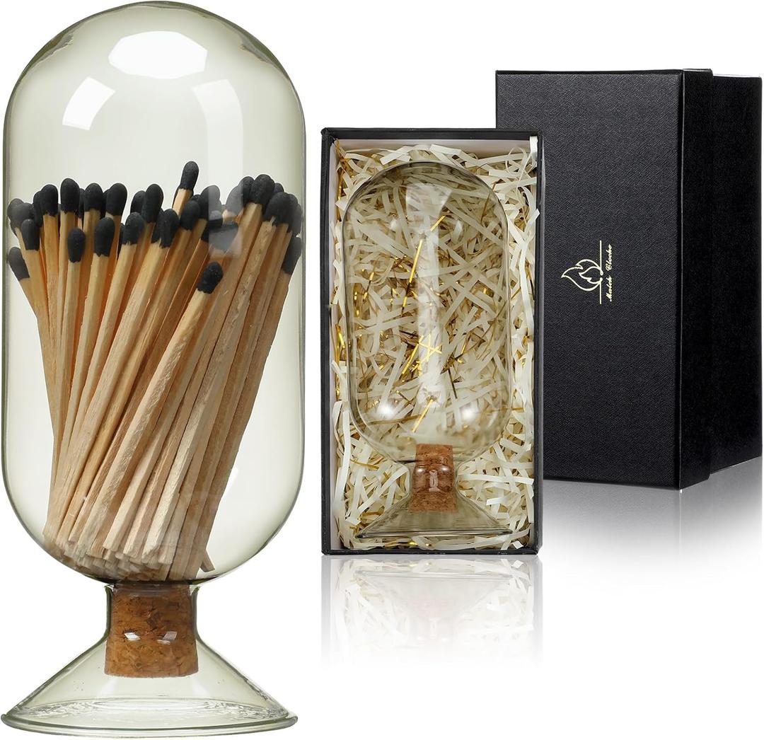 Smoke Gray Glass Match Cloche Holder Decorative Matches Jar Gift Set Fireplace Display Decor with Black Gift Box White Raffia, Not Include Sticks, 2.95 x 7 Inch