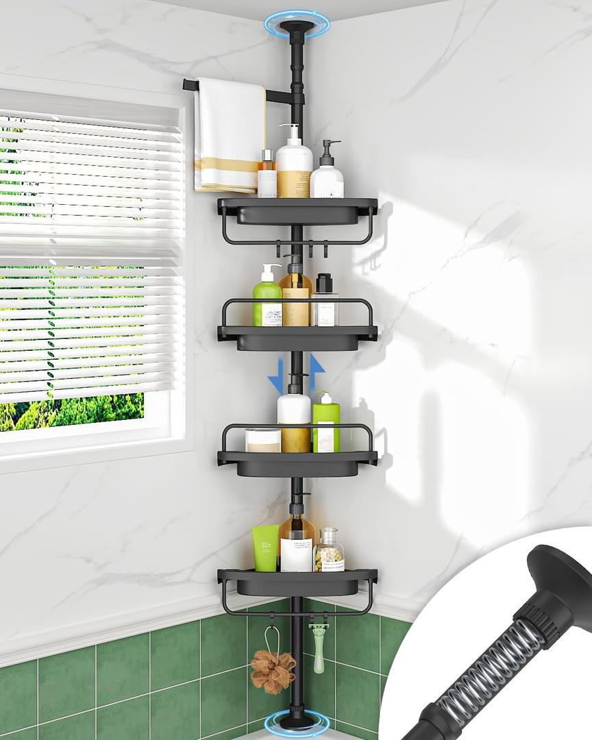 ALLZONE Rustproof Shower Caddy Corner for Bathroom,Bathtub Storage Organizer for Shampoo Accessories,4-Tier Adjustable Shelves with Tension Pole, 39 to 113 Inch, Black (Black)