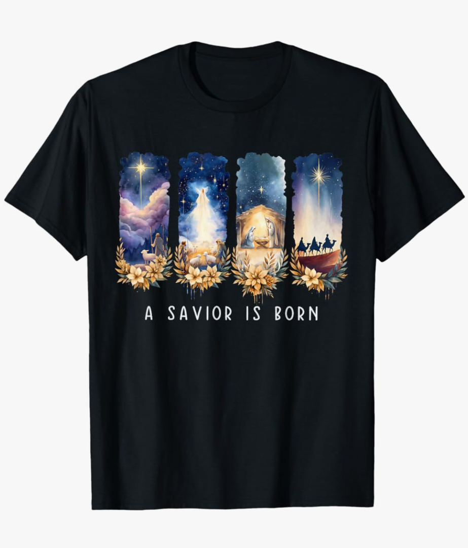 A Savior is Born Jesus Christian Pajamas Holiday Christmas T-Shirt, M