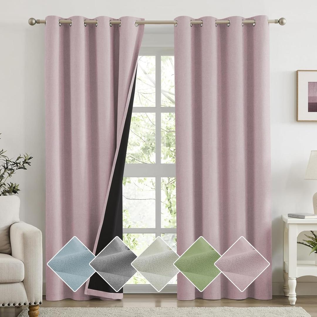 Melodieux 100% Blackout Linen Textured Curtains, Pink Black Out Curtains 63 Inch Length Thermal Insulated Drapes for Bedroom/Living Room, Grommet Top and Black Back, 52" W x 63" L (2 Panels)