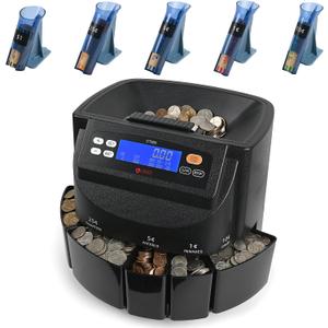 L LIKED CT550 USD Coin Sorter, Counter and Wrapper Machine Accurate sort for Nickels, Dimes, Quarters, Pennies, Dollars, Comes with 50 Performed Wrappers, 270 Coins/min, LCD Display, 37.5x37.5x31.5cm