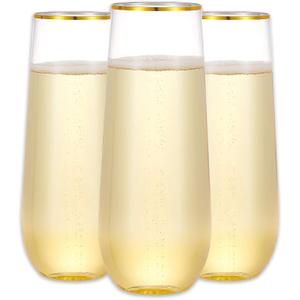N9R 12PCS Plastic Champagne Flutes, 9 oz Stemless Disposable Gold Rim Toasting Glasses, Crystal Clear Cocktail Cups Drinkware Shatterproof Ideal for Party Wedding Birthday, 12 Count