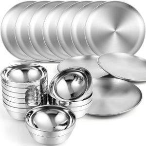 Sunnyray 304 Stainless Steel Plates and Bowls Metal Camping Plates Reusable 13 oz Steel Snack Bowls Dinner Dishes Double Walled Insulated Metal Dinnerware(10 Sets,8 x 8 Inch)