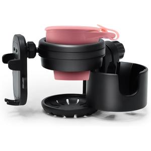 3-in-1 Stroller Cup Phone Holder Attachment Universal Cup Holder with Adjustable Phone Mount Double Cup Holder for Walker Wheelchair (Pink)