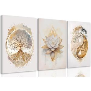 tgguytiy Tree of Life Canvas Wall Art Set of 3 Lotus Zen Painting Picture Wall Decor Abstract Yin Yang Fall Art Poster Print Artwork for Living Room Yoga Room Hotel Bedroom Home Decor16x24in Framed (24Lx16W)