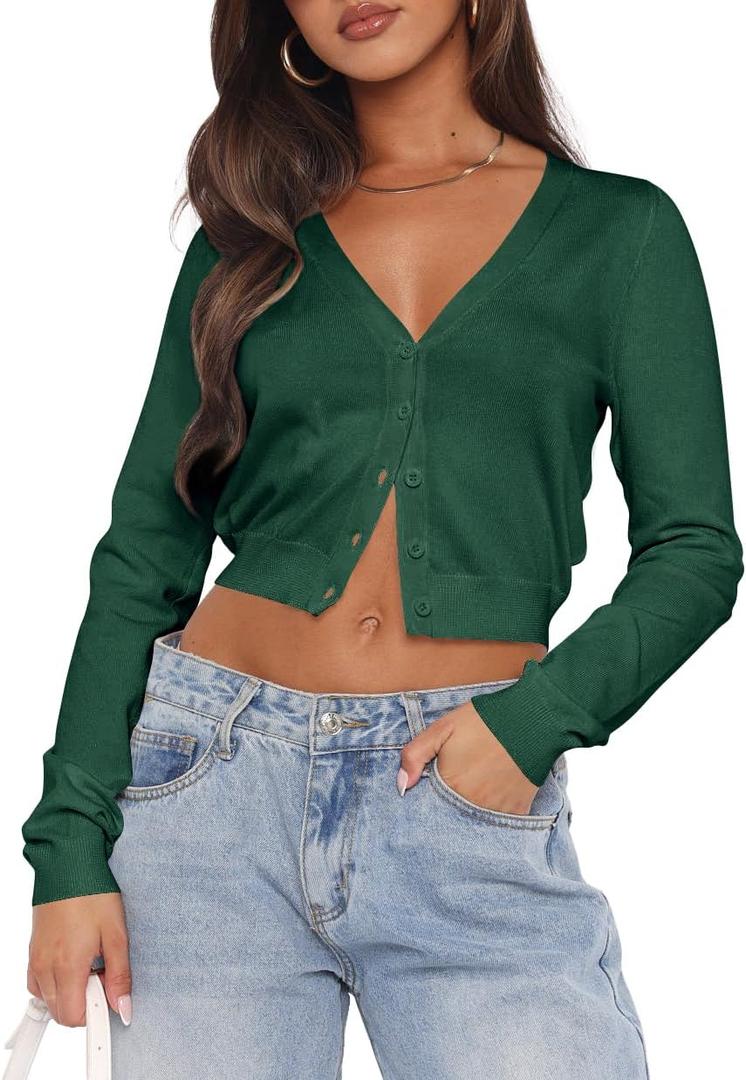 Ezbelle Women's Long Sleeve Open Front Cropped Lightweight Cardigan Sweater Button Down Shirt 2026 Fall Tops (Dark Green), S