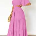 LEANI Women's 2025 Summer Cutout Maxi Dress Square Neck Short Sleeve Crossover Waist Casual Party Dresses (Pink, M)