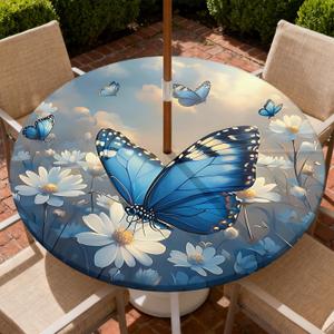 Round Outdoor Tablecloth with Umbrella Hole, Zippered Fitted Tablecloth with Elastic Edge, Waterproof Table Cloth Cover for Picnic Party Fits 37"-44" Round Table, Blue Butterfly