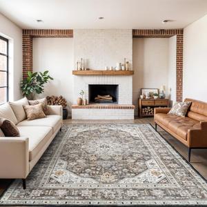 Washable Area Rug 9x12 - Bedroom Living Room Large Indoor Rugs Soft Oriental Vintage Rugs Non-Slip Backing Stain Resistant for Farmhouse Kitchen (9x12 Brown) (9' x 12' (Rectangular))