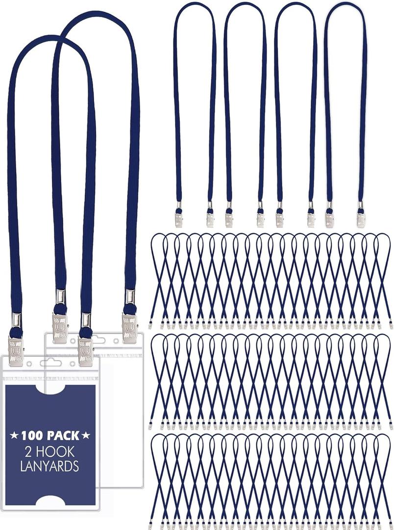Patelai 100 Pack Double Clip Lanyards Bulk Face Mask Lanyard Twist Free 2 Hook Design Adjustable Badge Neck Strap for ID Name Badge Holder Back to School Conference Office Class Essential (Navy Blue)
