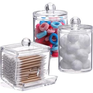 Tbestmax Plastic Qtips Holder Bathroom Container, 10/7 OZ Cotton Ball/Swabs Dispenser, Apothecary Jar Organizer for Storage 3 Pcs (Group A-Clear)