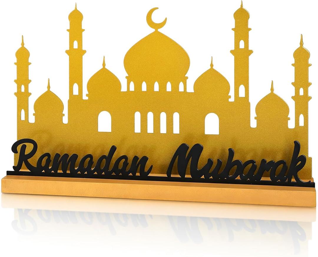 Ramadan Decorations for Home Ramadan Mubarak Metal Table Centerpiece Eid Table Sign Muslim Golden Palace Mosque Tabletop Indoor Islamic Party Gift Tiered Tray Office Desk Shelf Mantel Black Letters (Large)