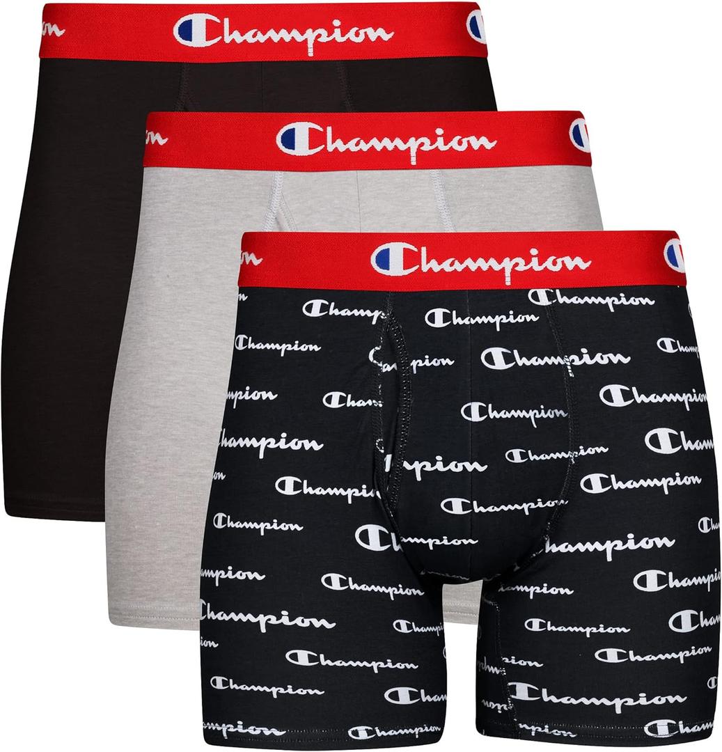 Champion Men's Everyday Cotton Stretch Boxer Briefs- 3 Pack (Large, Black/Oxford Grey Heather/Black Script Logo - 3 Pack)