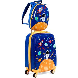 GYMAX 2Pc Kid Carry On Luggage Set, 12" & 18" Kids Suitcase with 4 Spinner Wheels, Travel Rolling Trolley