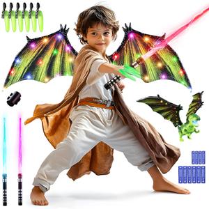 SANCO Kids Light Up Saber Set - 2 Pack 7 Colors Retractable Power Swords with Electric Dragon Wings & Dinosaur Finger Claws, Glowing Toys for Halloween Cosplay Parties, Birthday Gifts for Boys & Girls