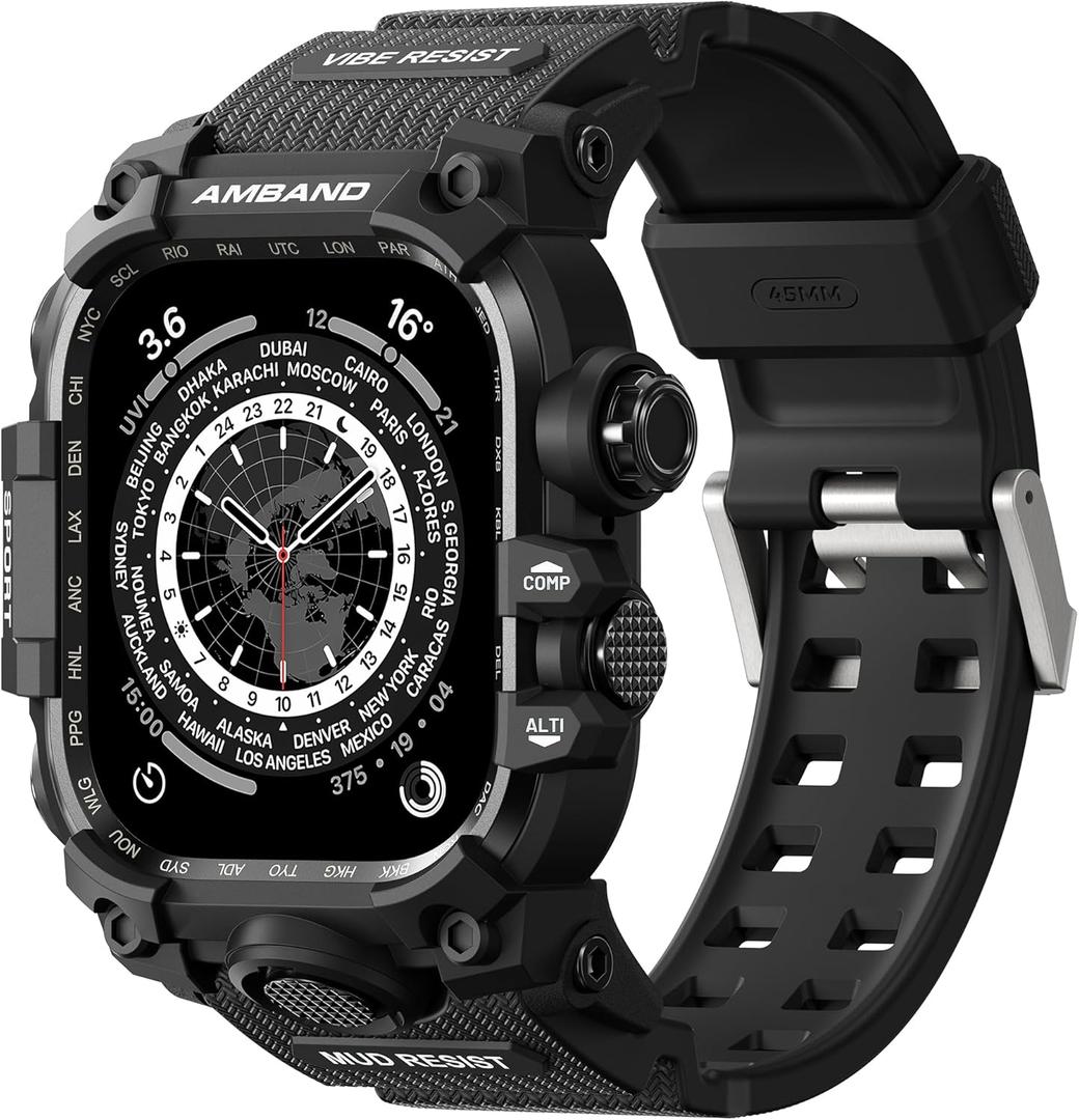 amBand Rugged Case with Band for Apple Watch 45mm, Compatible with Apple Watch (iWatch) Series 9/8/7, Military Grade Shockproof Bumper Cover, Tactical Band for Men, Matte Black