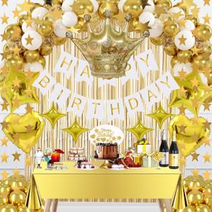 Gold Birthday Decorations Set 92Pcs Set Gold Banner, Star Garland, Crown, Star & Heart Foil Balloons, Fringe Curtain, Table Cover, Cake Topper, Confetti & Latex Balloons for Girls, Women's Birthday