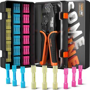 SOMELINE Heat Shrink Butt Connectors and Crimping Tool Kit, Marine Automotive Electrical Terminals (UL Listed), 22-10 AWG Ratchet Wire Crimper - Waterproof Butt Splices (100 Pcs)