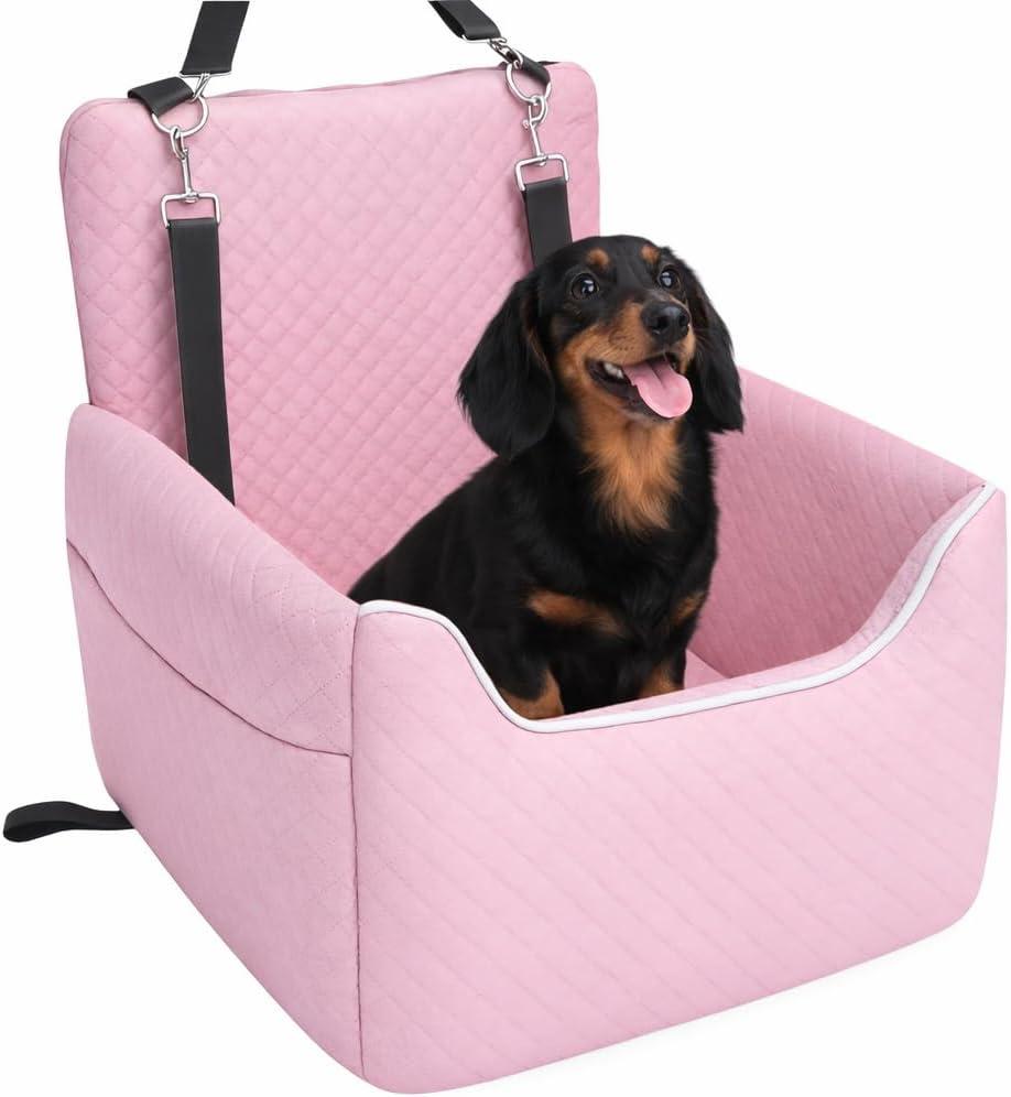 Dog Car Seat for Small/Medium Dogs Under 35lbs, Soft Booster Car Seat with Detachable Washable Cover and Cushion, Memory Foam Pet Car Seat with Safety Belt and Storage Pockets, Puppy Dog Car Bed (Pink)