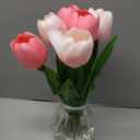 Artificial Tulips Flowers Floral Arrangement - 6 Pcs Faux Flowers in Clear Glass Vase with Faux Water 12.5" Pink & White Ombre Fake Tulip Bouquet Centerpiece for Dining Table Home Wedding Office Decor