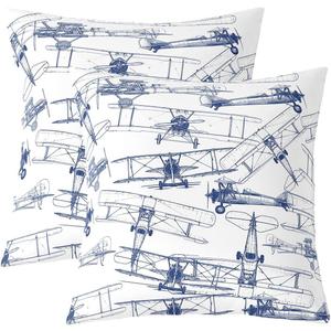 Feelyou Airplane Throw Pillow Covers 18"x18" Set of 2 Soft Kids Flight Decorative Throw Pillowcases Aircraft Pillow Cases Cushion Covers Helicopter Flying Plane Blue and White Cushion Cases (Multi 09)