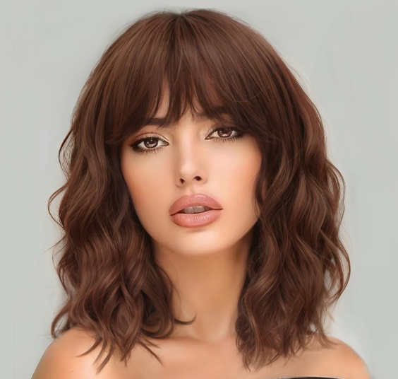 Wavy Curly Bob Wig with Bangs Cooper Blonde Short Wavy Hair for Women Synthetic Heat Resistant Bob Wigs, Brown