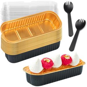 20 Pack Mini Loaf Pans with Lids and Spoons,Mini Cake Pans with Lids,Rectangle Aluminum Foil Baking Pans Tins Containers,Disposable Cupcake Baking Cups Muffin Tins for Birthday Party (Black&Gold)