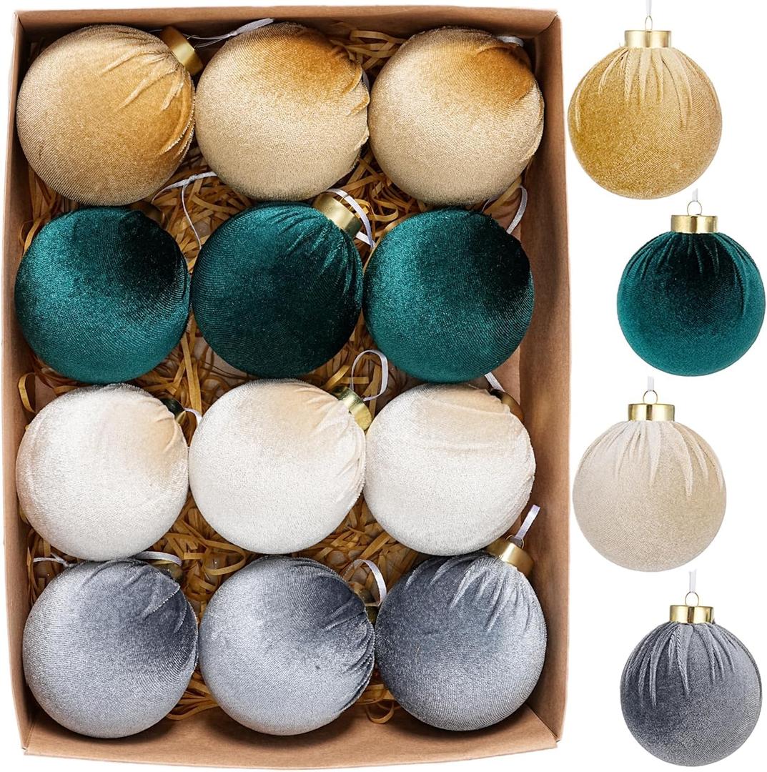 12 Pcs Velvet Christmas Ornaments Balls, 3.15 inch Velvet Christmas Tree Balls, Neutral Shatterproof Hanging Xmas Ornaments for Christmas Tree,Family, Holiday, Party Decoration, Green Gray