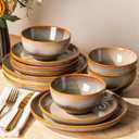 TheTerra Stoneware Dinnerware Sets for 4, 12 Pieces Ceramic Plates and Bowls Sets, Scratch Resistant Dish Set, Oven, Microwave & Dishwasher Safe, Creamy Amber