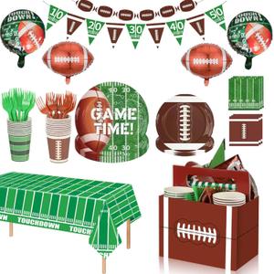 Football Party Supplies Kit for 20 Guest Include Paper Cutlery Caddy, Dinner Plate, Dessert Plate, Napkin, Cup, Fork, Banner, Balloon & Tablecloth for Football Tailgate Party Decoration
