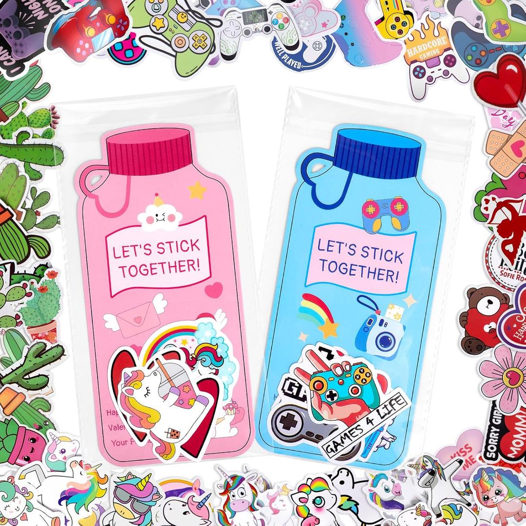 48 Pack Valentines Day Cards for Kids School with Water Bottle Cards and 200Pcs Stickers, Valentine Exchange Card for Boys & Girls, Classroom School Party Favor