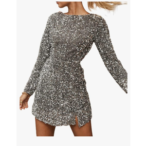 R.Vivimos Women's Sequin Bodycon Dress Fall Winter Velvet Warm Long Sleeve Crew Neck Sexy Backless Glitter Slit Mini Dress, Size Large