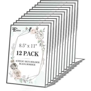 EHWINE 12 Pack Acrylic Sign Holder 8.5 x 11, Black Picture Frame Stand up Table Top Sign Holders, Slanted Back Paper Holder Clear Display Stand Menu Flyer Holder for Wedding Party