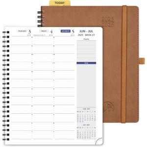 POPRUN 2025-2026 Weekly Planner 7.25'' x 8.25''Academic Spiral Appointment Book (July 2025-June 2026) with Quarter-Hourly Schedule, Monthly Tabs, Leather Softcover, Inner Pocket - Brown
