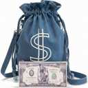 Denim Drawstring Backpack with Coin pouch, Large Money Dollar Sign Bucket Rucksack, Lightweight Sport Bags (Light Blue)