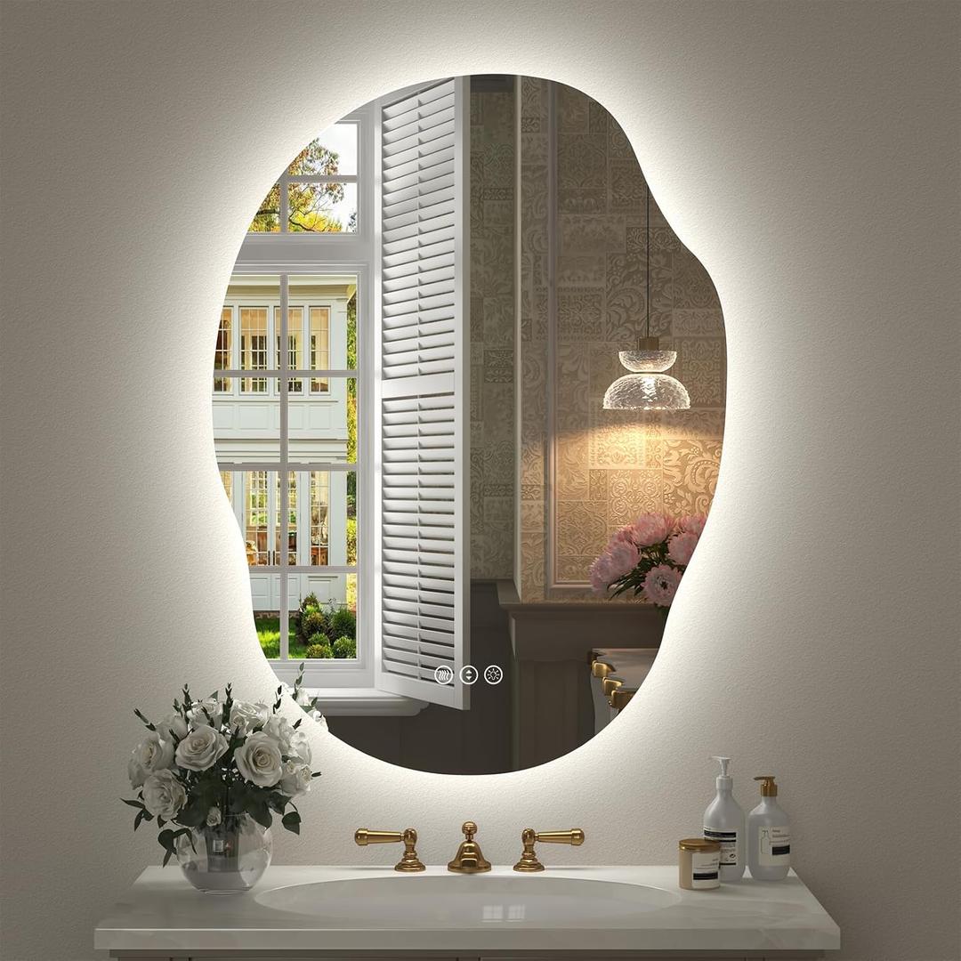 22x30 Irregular Backlit Led Bathroom Mirror with Lights | Asymmetrical Lighted Vanity Mirrror, 3 Colors, Dimmable, Shatterproof, Defogger, Memory, Vertically or Horizontally