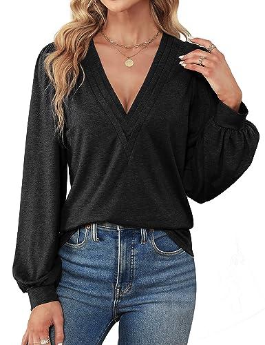 Agnes Urban Womens V Neck Long Sleeve Tops Dressy Casual Fall Shirts Puff Sleeve Loose Tunic Trendy Tops Blouses Black M