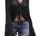 FERBIA Women Crochet Top Beach Cloth Drawstring Shirt Cover Up Oversized Sexy Beachwear Lace Up Tee Poncho, X-Large, Black