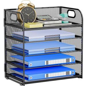 5 Tier Paper Organizer for Desk, File Organizer with Handle, Mesh Letter Tray, Paper Sorter Desk Organizer for Office Home Supplies - Black