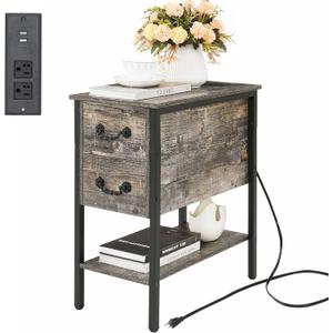 VECELO End Tables,Narrow Nightstands with Charging Station & USB Ports &Drawers,Night Stand for Living Room, Bedroom (Grayish)