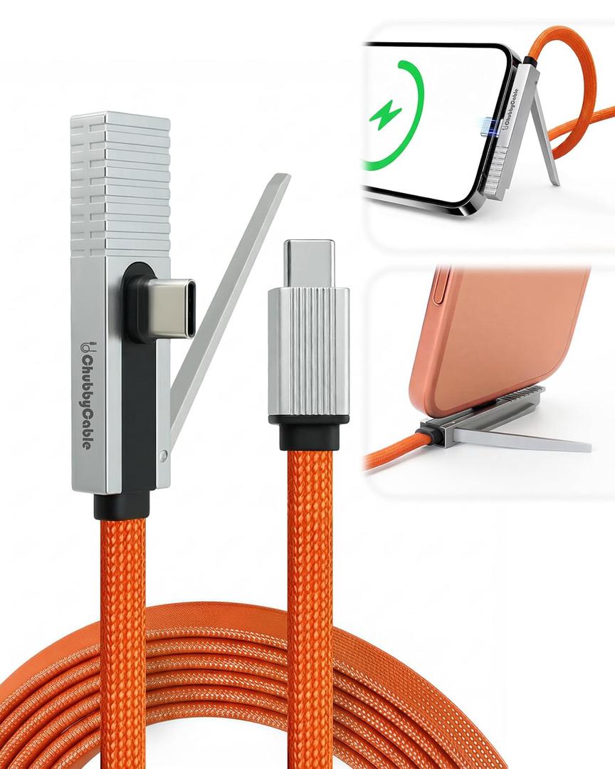 chubbycable StandLite Pro 90 240W Fast Charge Cable with Invisible Stand & Phone Case Friendly Right Angle USB C Cable Braided Charging Cord, Orange, Type-C to Type-C, 8.2FT