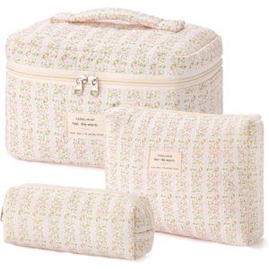 HBselect Quilted Makeup Bag, 3PCS Cotton Large Travel Makeup Bag, Cute Floral Coquette Make up Bag Cosmetic Bag Toiletry Bag for Women Girls