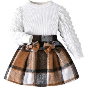 Noubeau Toddler Girls Plaid Outfits Girls Puff Sleeve Knit Ribbed Shirt Tops Plaid Skirt Set Kids Fall Winter Clothes (Black-brown)