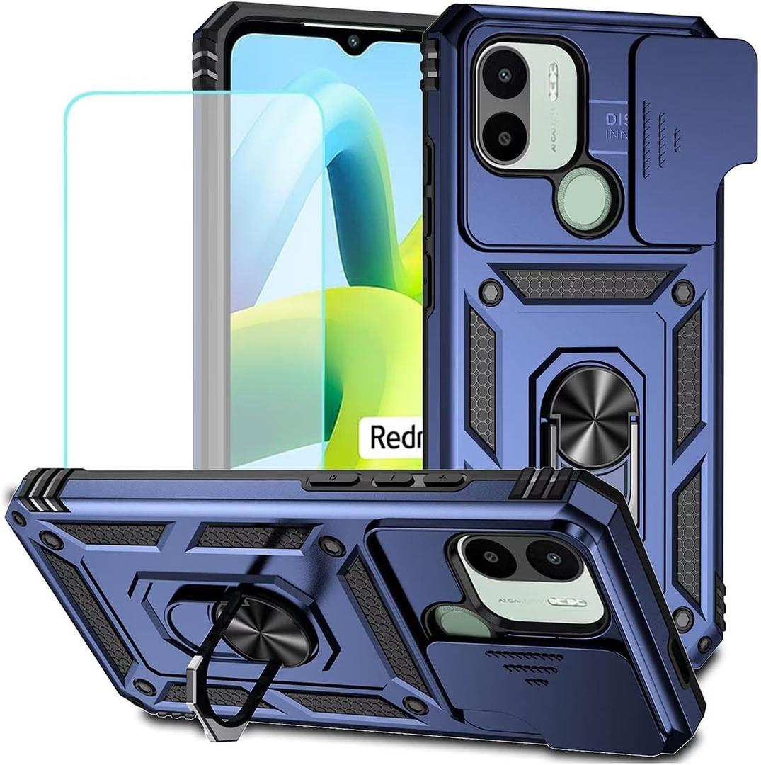 Case for Redmi A1 Plus Case, Redmi A1+ Case with Tempered Glass Screen Protector and Slide Camera Cover, 360 Rotate Ring Stand Magnetic Cover for Xiaomi Redmi A1+ Blue