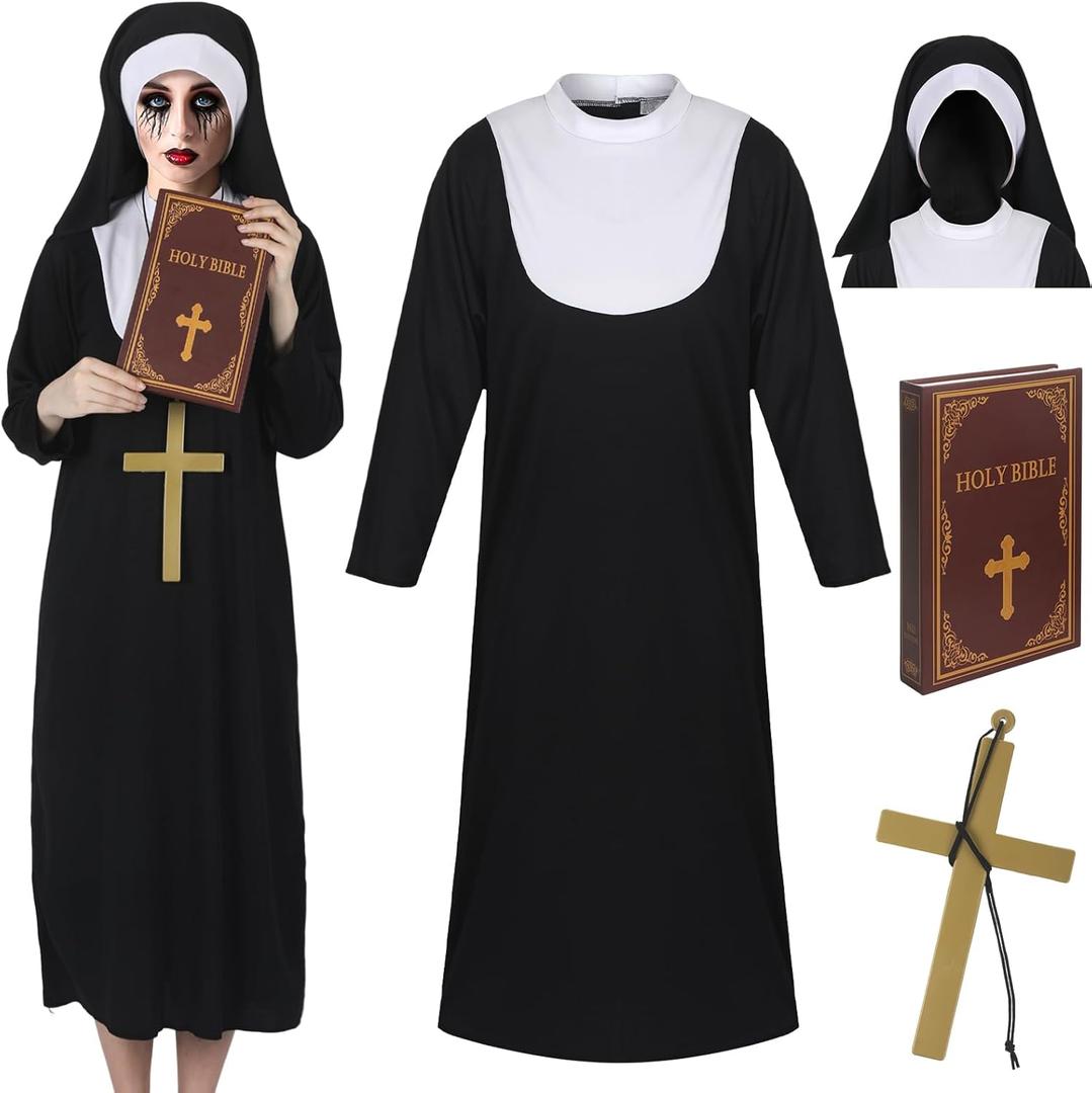 Leumoi 4 Pcs Halloween Nun Costume Women Traditional Nun Outfit with Cross Bible Book Model for Halloween Party (X-Large)